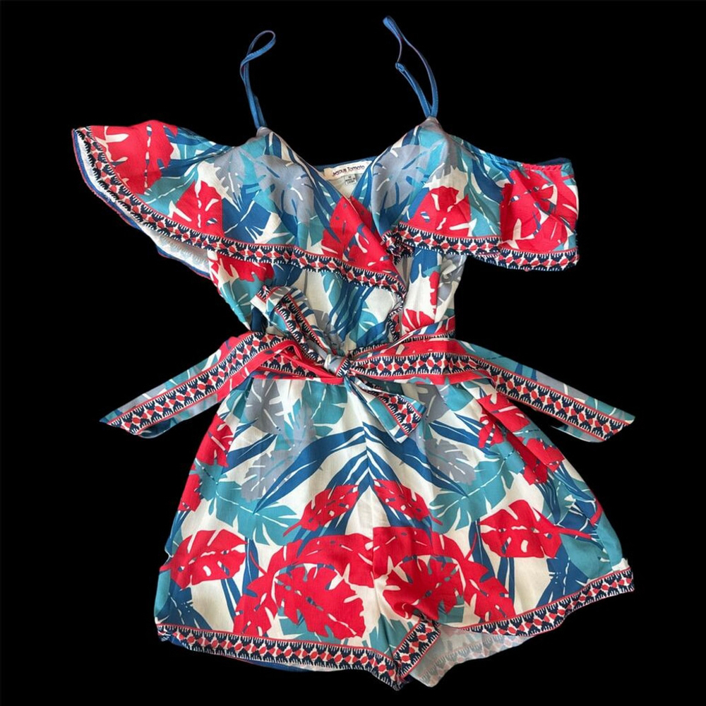 Jealous Tomato Tropical Leaf Cold Shoulder Romper M | Belted Ruffle Resort Wear